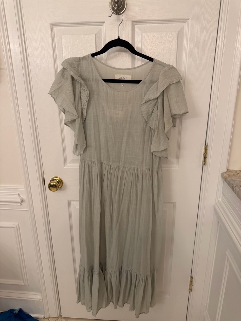 THE GREAT. Pale Sage Ruffle-Sleeve Maxi Dress